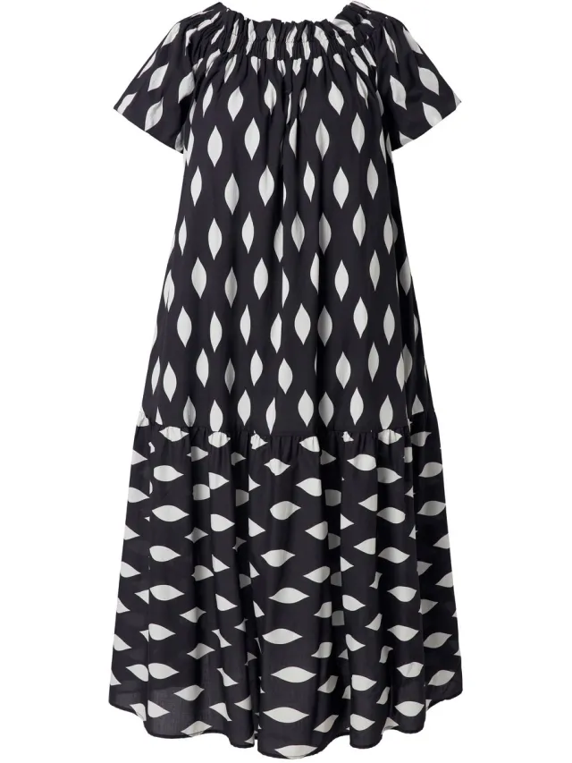 Ulla Popken Dames - Maxi-jurk raatpatroon carmenhals korte ballonmouwen - Zwart - Maat 54+