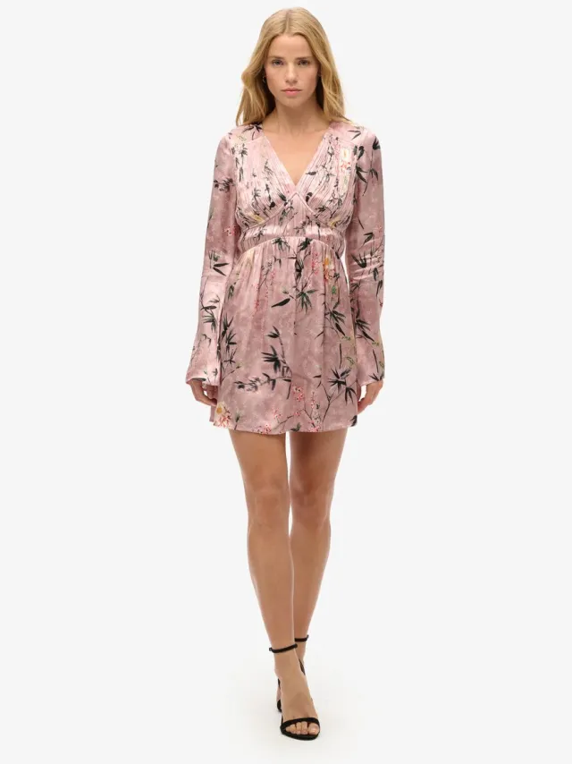 Superdry Jacquard mini-jurk met wijduitlopende mouwen - Dames - Jurken Blush Floral Japanese Shadow