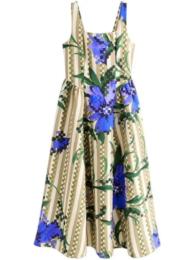 Next Dames - Lange gelegenheidsjurk met nauwsluitende taille - Naturel Green Floral Stripe