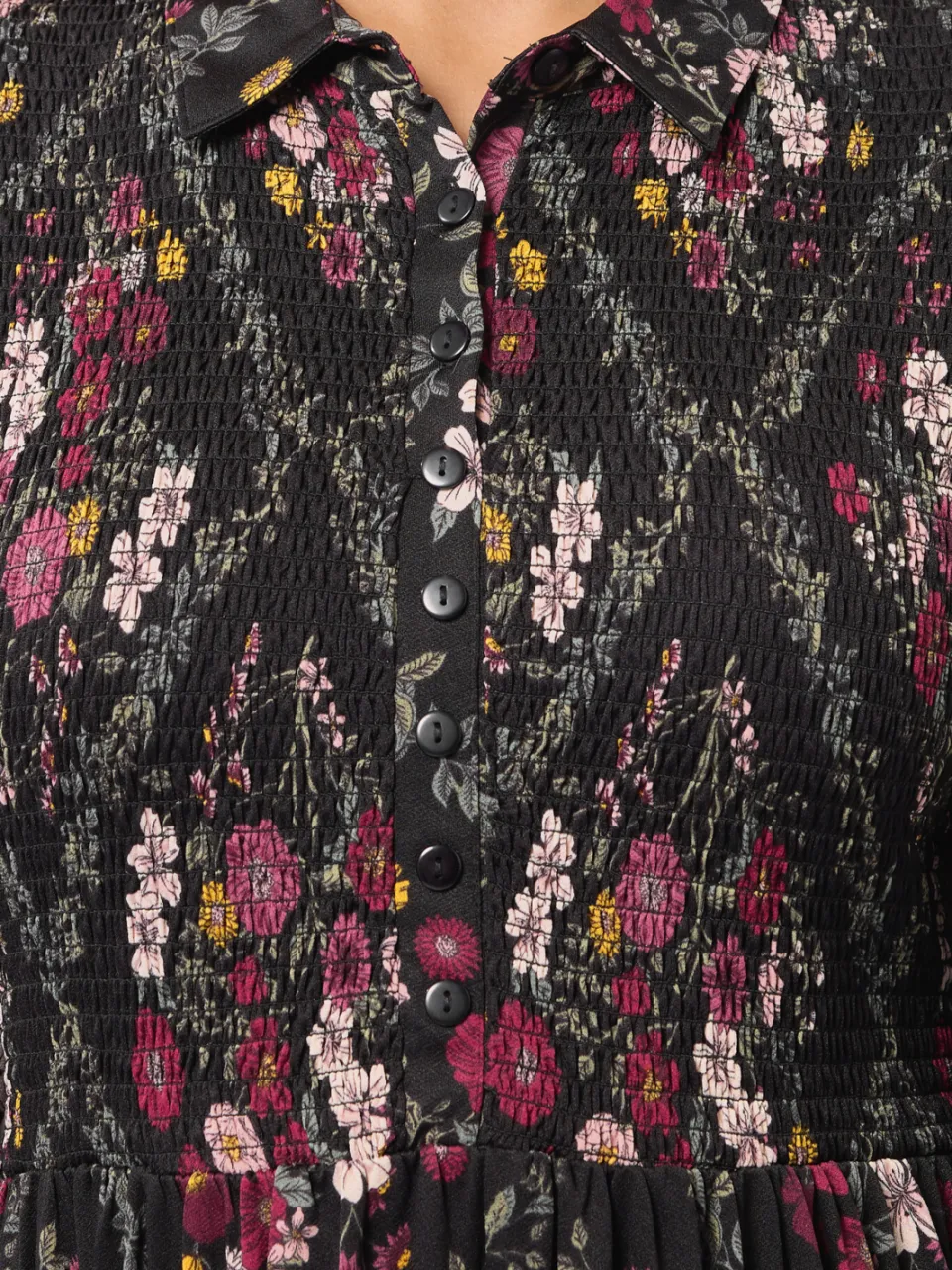 Yours Zwarte Gebloemde Gesmokte Shirtjurk-64, foto 5