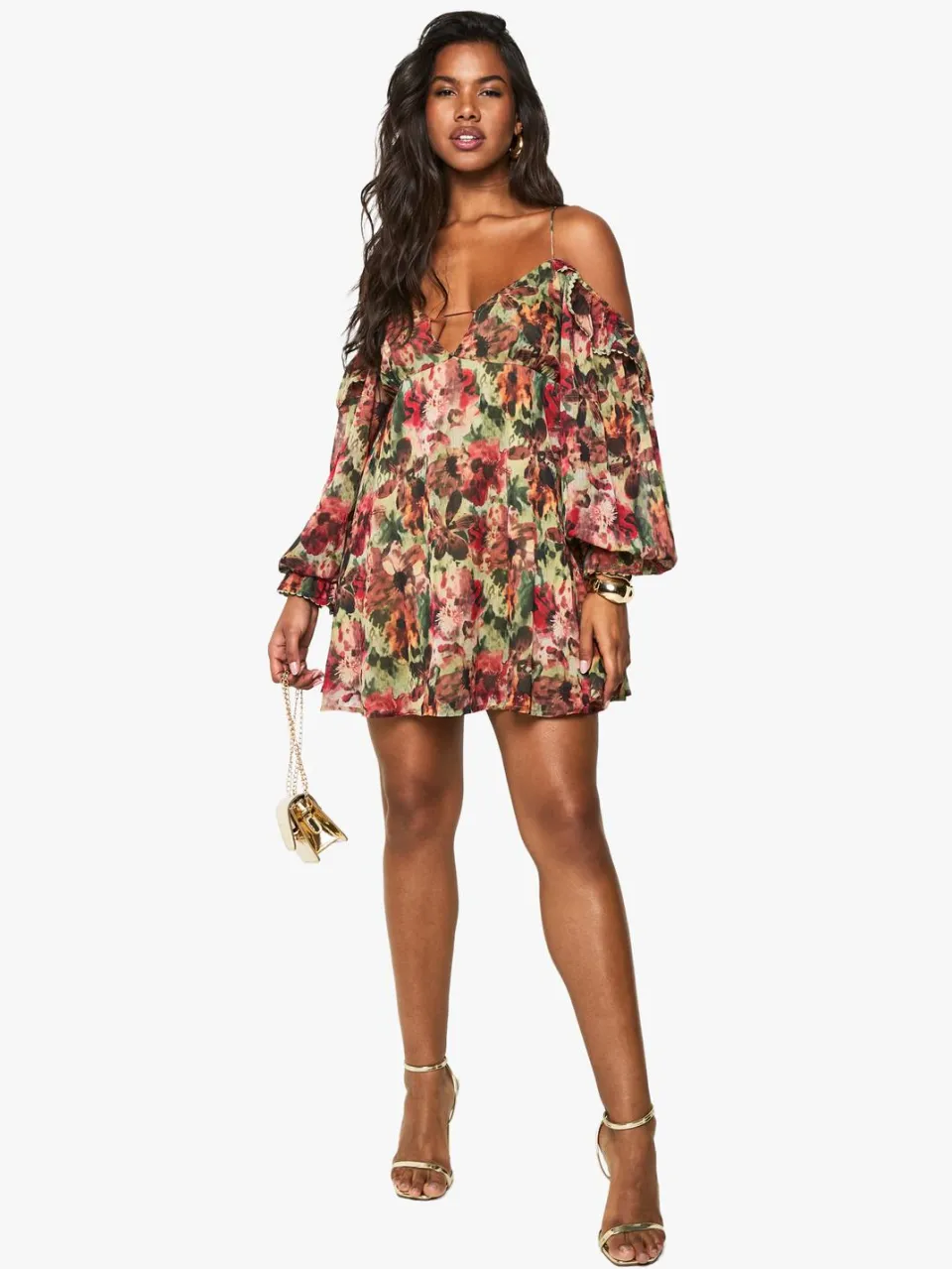 boohoo Dames Bloemenprint Chiffon Gelaagde Mini-Jurk met Open Schouders groente, foto 2