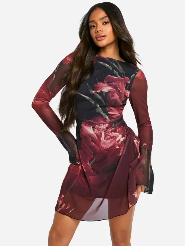 boohoo Dames Floral Mesh A-Lijn Mini Jurk Zwart