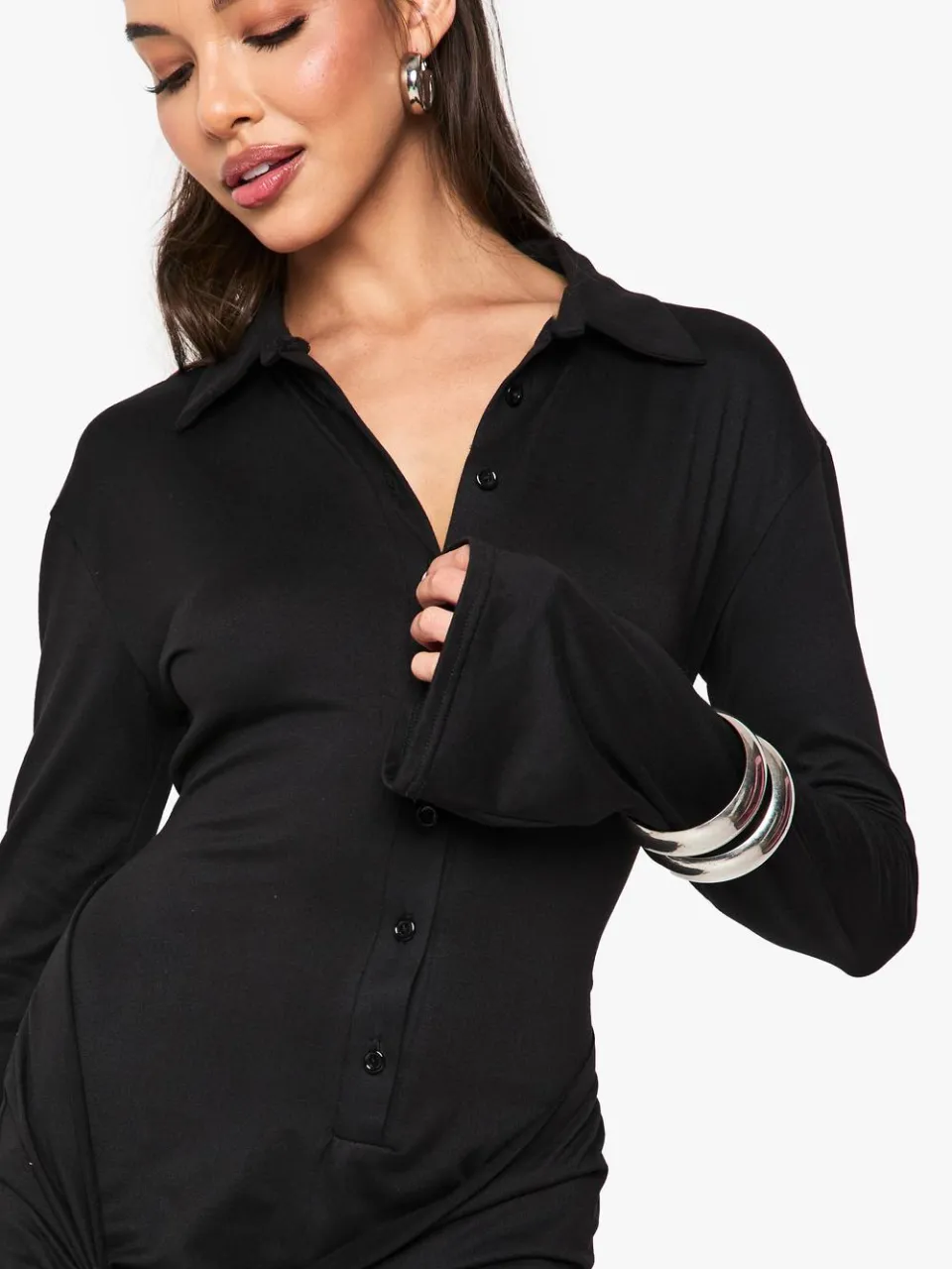 boohoo Dames Button Down Drape Mini Jurk zwart, foto 4