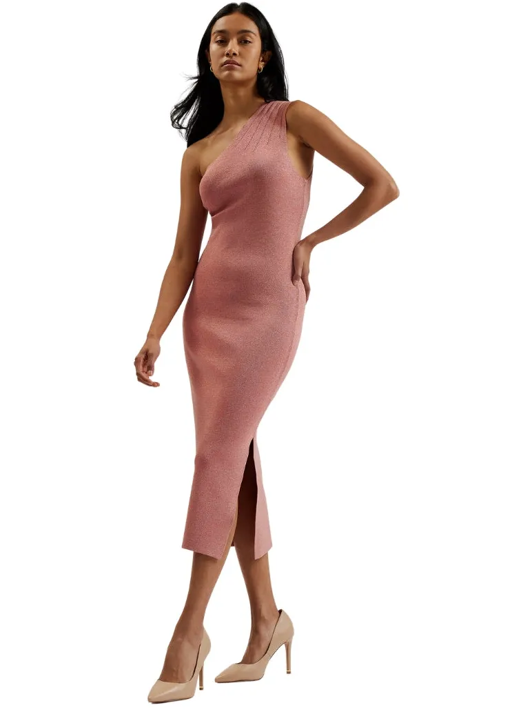 Ted Baker Kaleyy Midi-jurk Met Één Schouder En Lurex-breisel In Lichtroze Oudroze