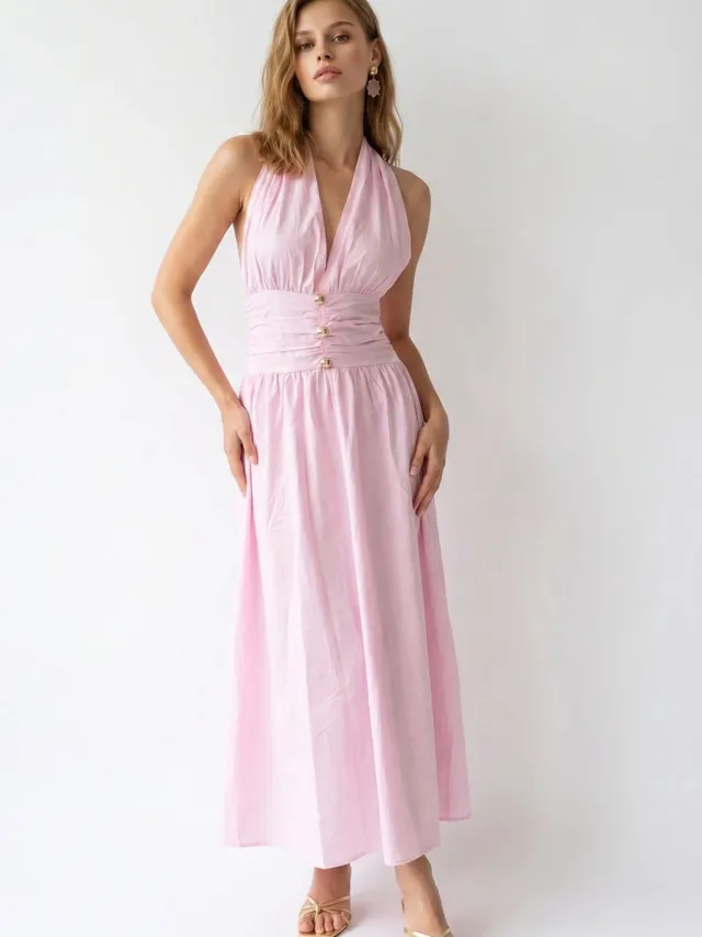 Mixray Dames Katoenen Poplin Halter Maxi Jurk Blush