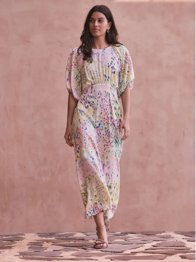 Next Dames - Halflange jurk met pofmouwen - Roze Green/Pink Floral National Trust x Next