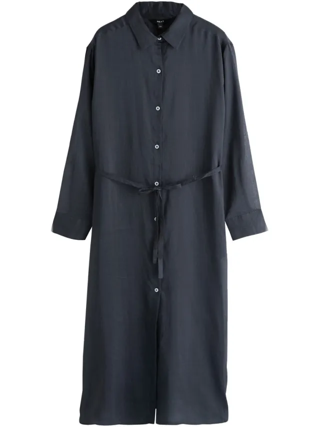 Next Dames - Midi-lange overhemdjurk met ramie - Blauw Navy