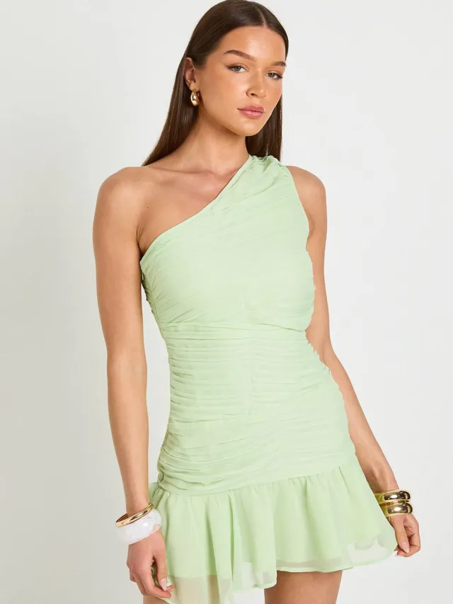 boohoo Dames Chiffon Geplooid One-shoulder Mini Jurk zachte limoen, foto 2
