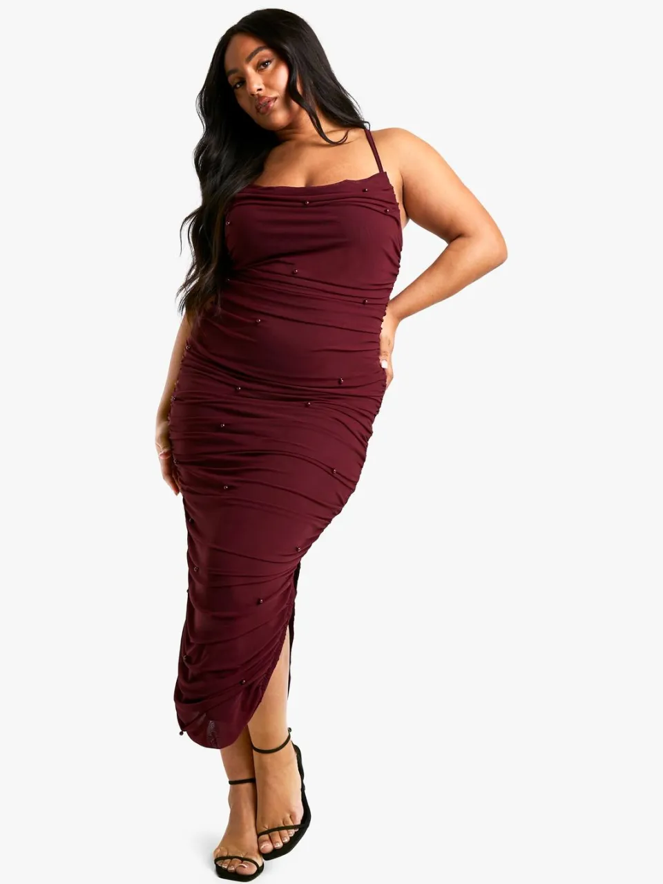boohoo Dames Plus Kralenversierde Bandjes Midaxi-Jurk bordeaux rood, foto 2
