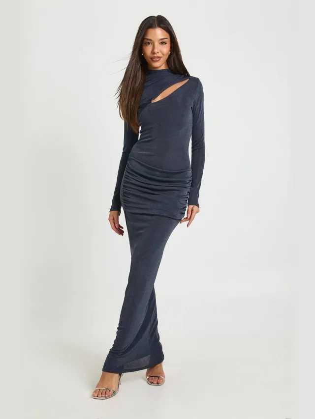 boohoo Dames Maxi Jurk met Lange Mouwen, Sleutelgat Detail en Drapering in Slinky Stof Charcoal