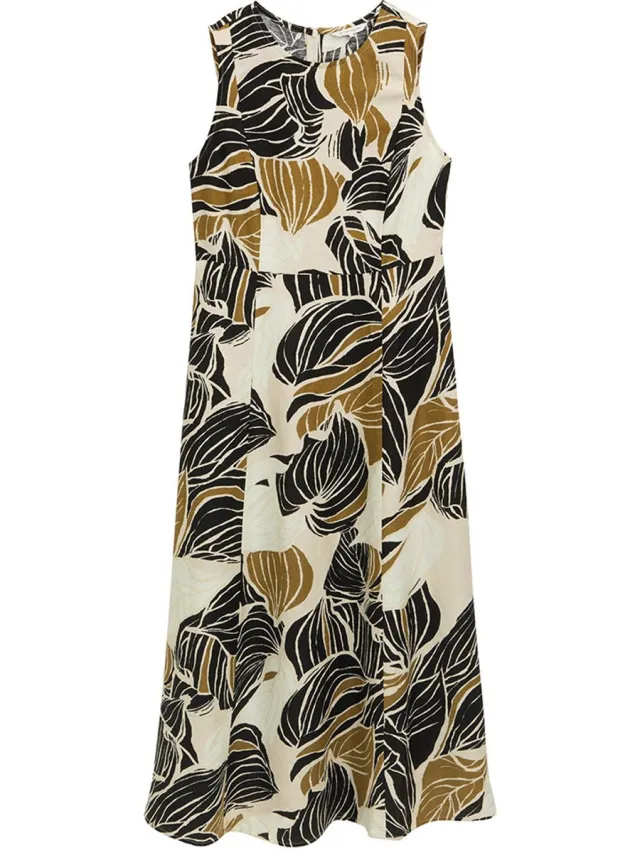 Tom Tailor Linen Mouwloze Jurk Beige 36 Vrouw Neutral Cut Leaves Design