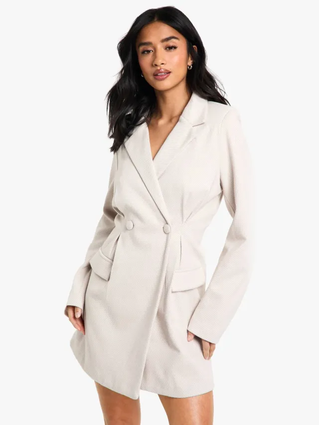 boohoo Dames Petite op maat gemaakte getailleerde blazerjurk in visgraatpatroon Taupe