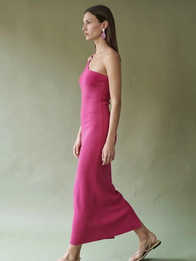 Dilvin Asymmetrische Eéngeschouderde Geribbelde Midi-jurk fuchsia, foto 2