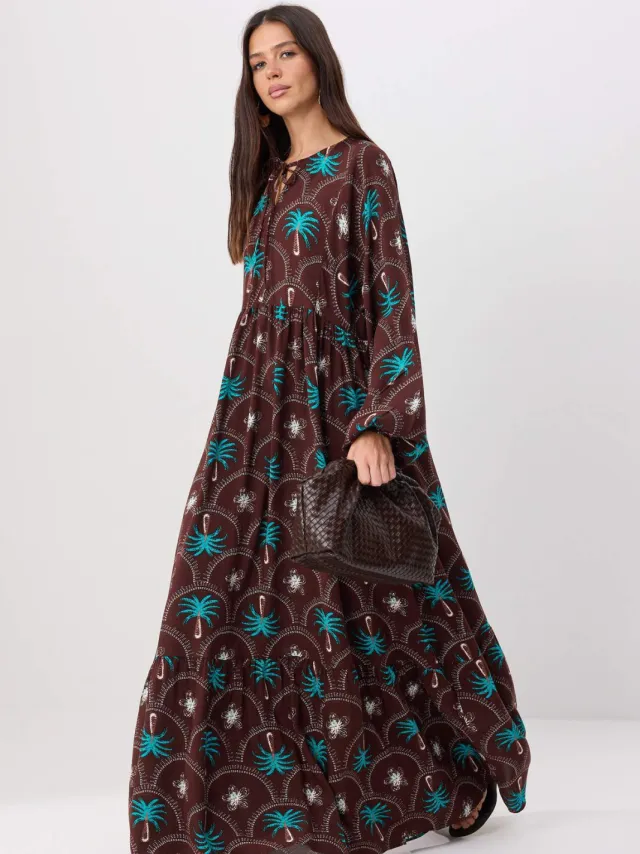 Trendyol Modest Dames Bruin Tropisch Maxi Lang A-lijn Modest Jurken