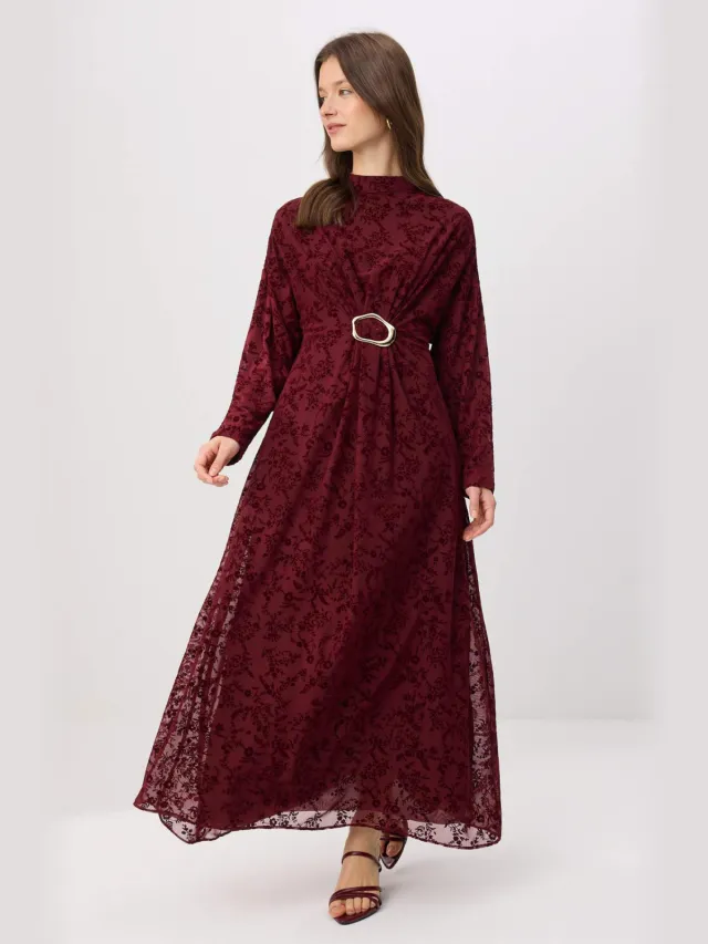 Trendyol Modest Dames Bordeaux Bloemen Maxi Lang A-lijn Modest Avond Jurken Bordeauxrood