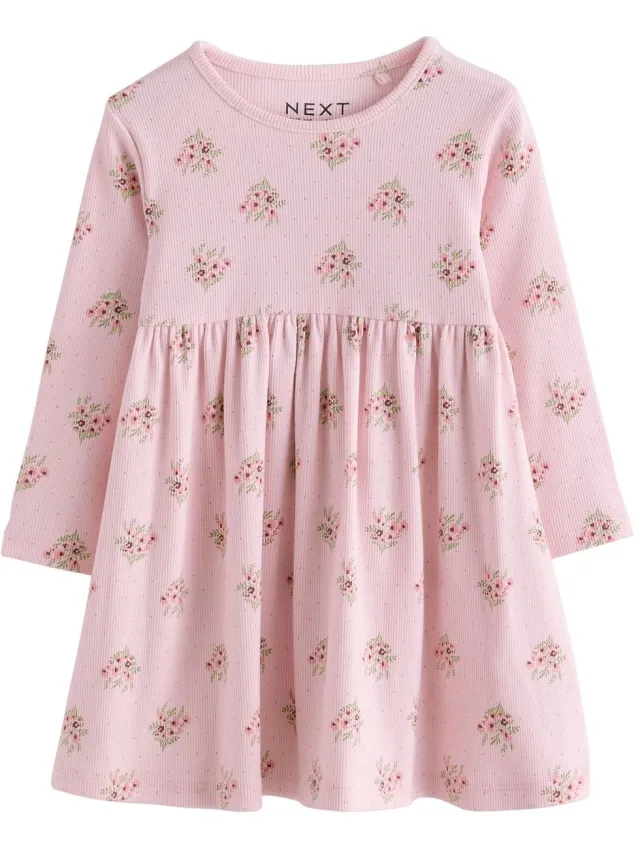 Next Meisjes - Geribbelde jurk met lange mouwen - Roze Pink Floral