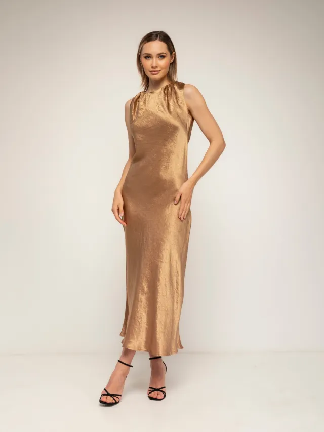 Tantra Recht en soepelvallend model midi-jurk met zijdetextuur en gerimpelde kraag Goud