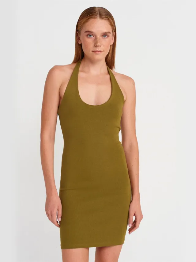 Dilvin Geribbelde Bodycon Mini-jurk Olijfgroen