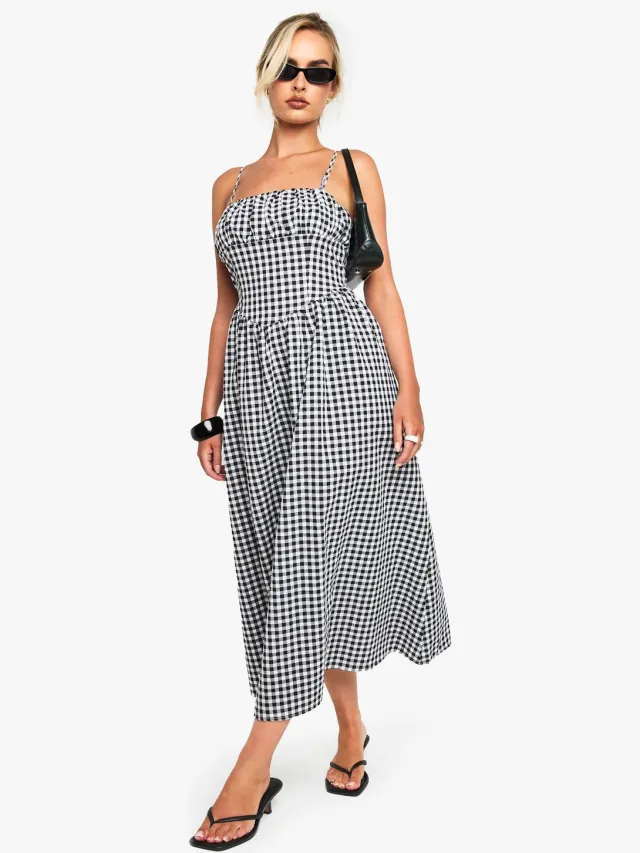 boohoo Dames Gingham midaxi-jurk met geraffineerde borstdetails Zwart