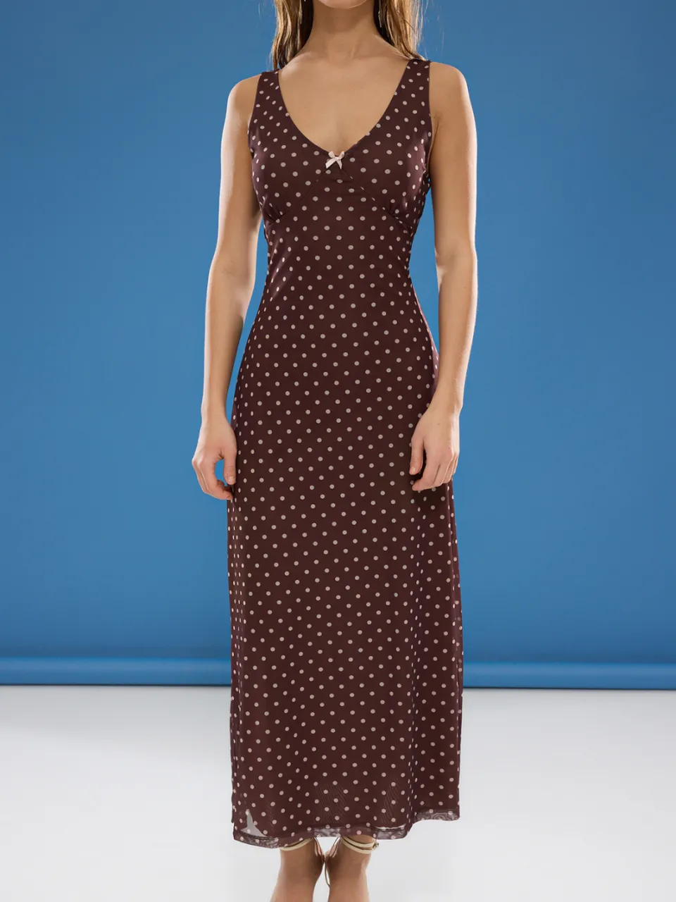 Trendyol TRENDYOLMİLLA Dames Bruin Stippen Maxi Mouwloos Casual A-lijn Jurken, foto 2