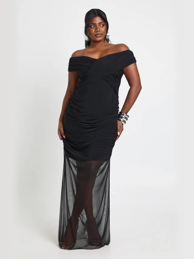 boohoo Dames Plus Bardot Gerimpelde Mesh Rok Maxi Jurk Zwart