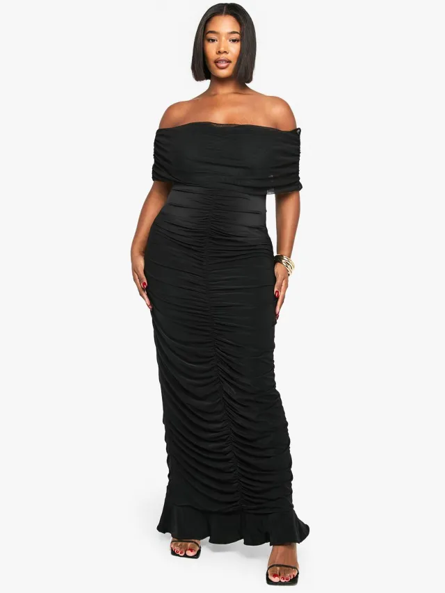 boohoo Dames PLUS MESH BARDOT GERUCHED MAXI-JURK Zwart