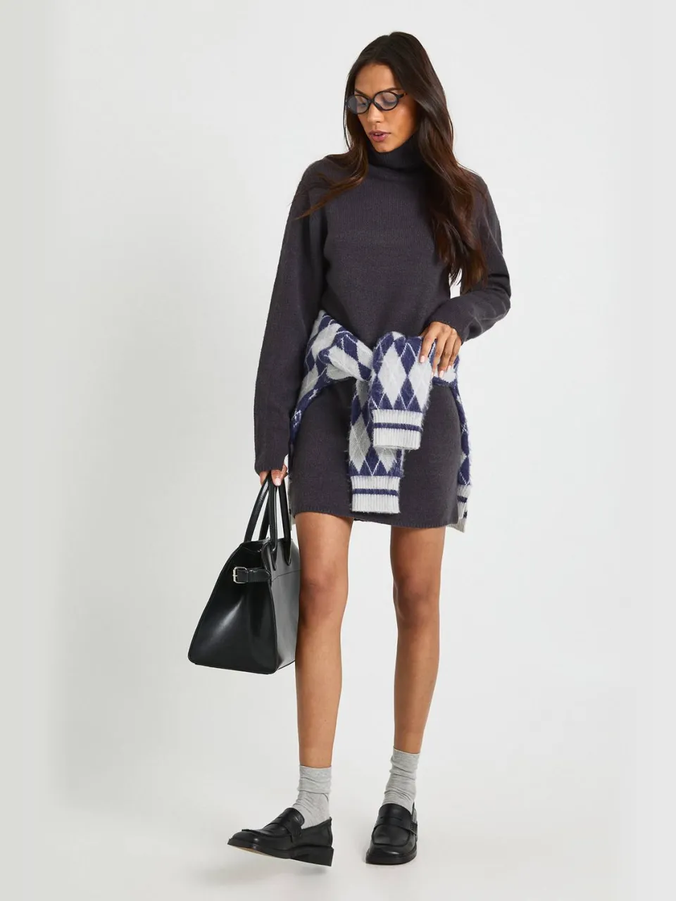 boohoo Dames Hoge Rolkraag Chunky Gebreide Mini Jurk houtskool, foto 3