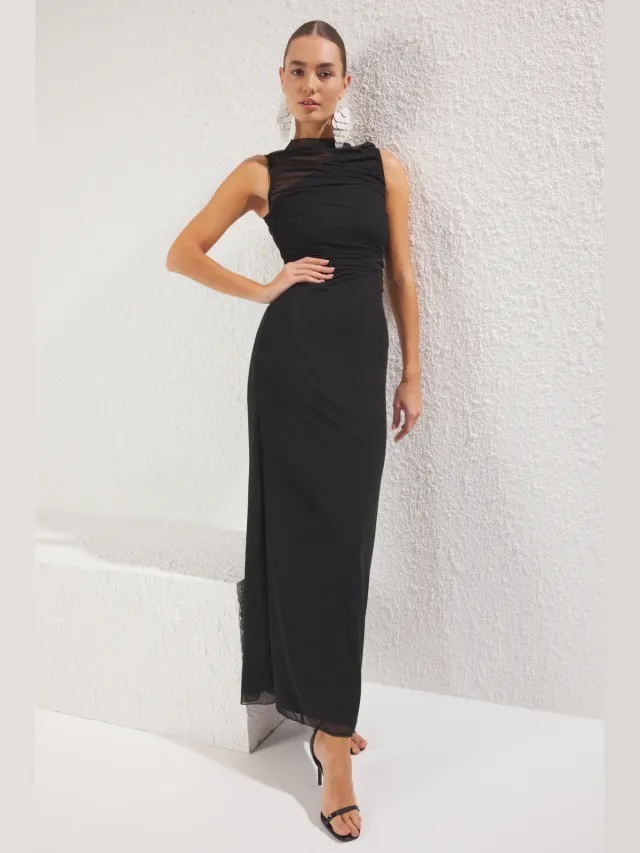 Trendyol TRENDYOLMİLLA Dames Zwart Effen Maxi Mouwloos Diploma-uitreiking / Gala Recht Avond & Gala Jurk
