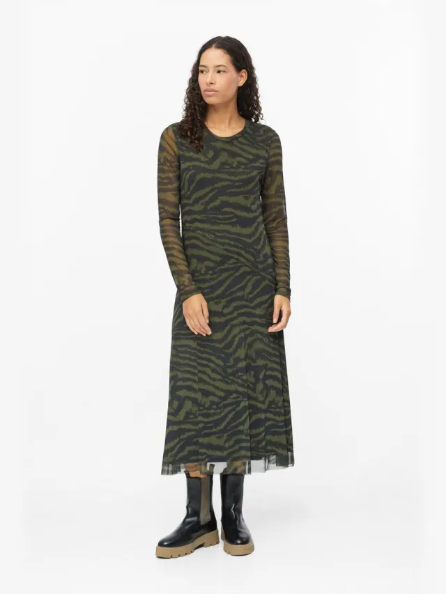 S.Oliver female - Mesh-jurk met dierenprint en plooien olijfgroen