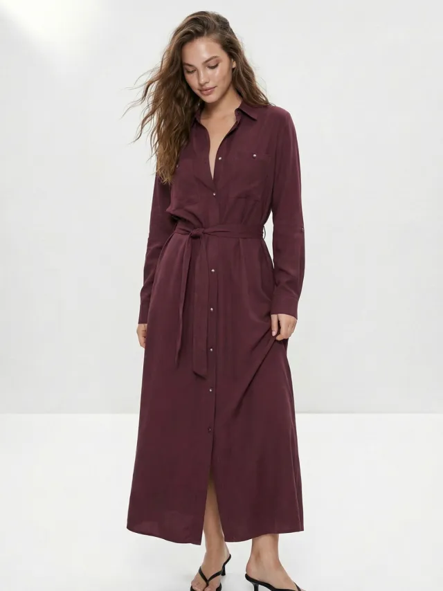 Trendyol TRENDYOLMİLLA Dames Bordeaux Effen Maxi Lang Blousejurk Jurken Bordeauxrood