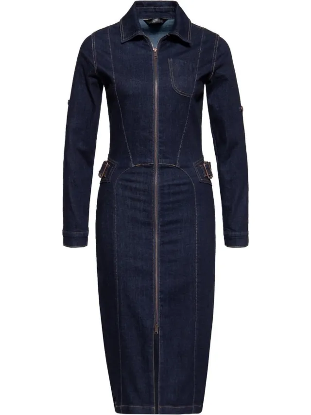 QUEEN KEROSIN dames denim workwear kokerjurk denim Blau