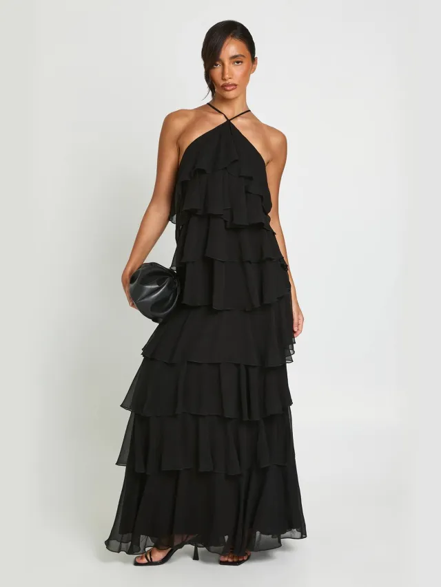 boohoo Dames Chiffon Maxi Jurk Met Ruches Detail Zwart