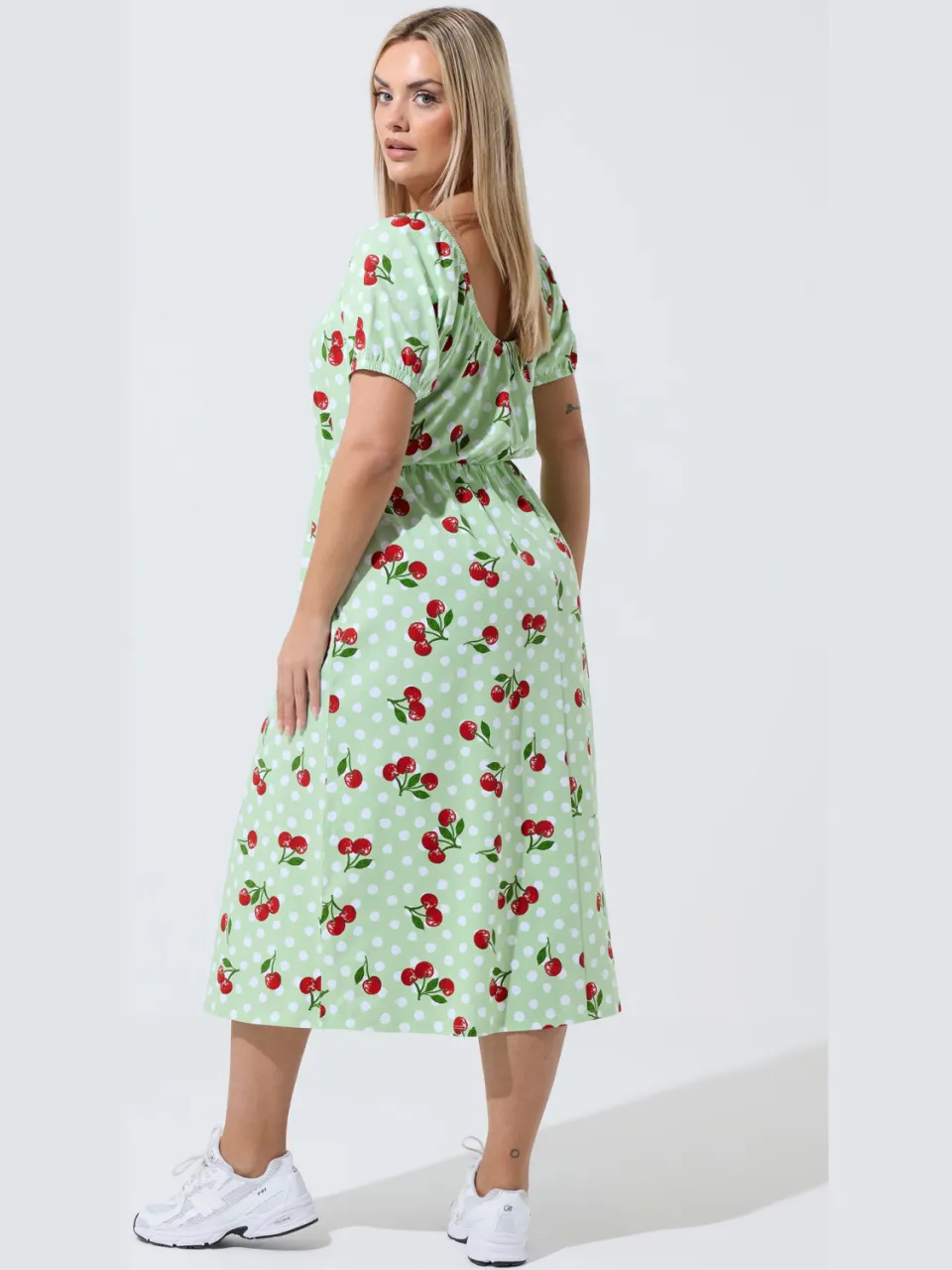 Limited Collection Groene Gingham Bardot Jurk Met Kersenprint, foto 3