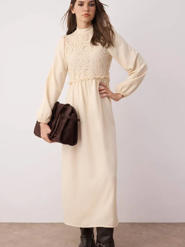 Trendyol Modest Dames Ecru Maxi Lang Casual A-lijn Modest Jurken