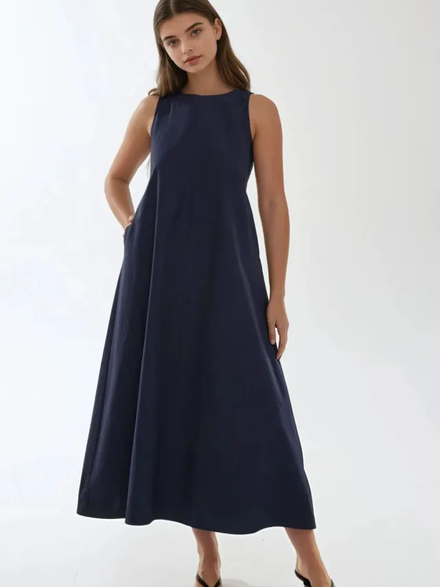 Hiccup Mixray Collectie Crew Neck Mouwloos A-Form Maxi Jurk Marineblauw