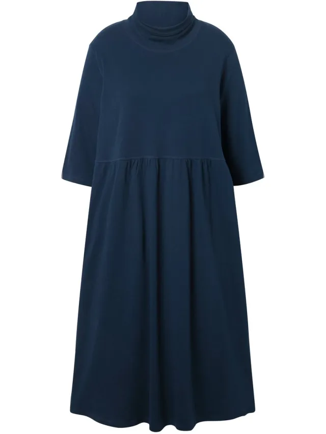 Ulla Popken Dames - Jersey maxi-jurk opstaande kraag 3/4-mouwen - Marine - Maat 46+