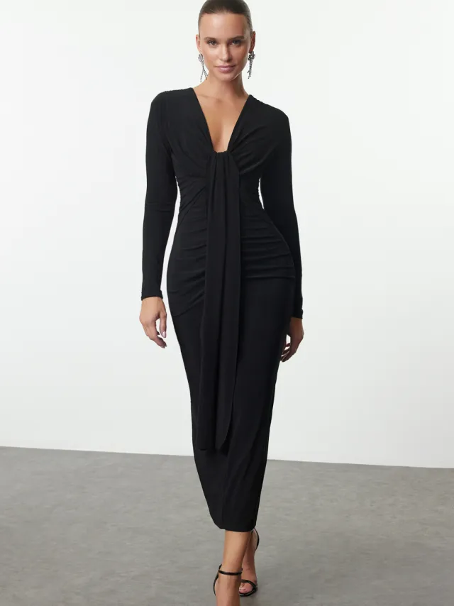 Trendyol TRENDYOLMİLLA Dames Zwart Effen Maxi Lang Stijlvol/Avond Bodycon Jurken