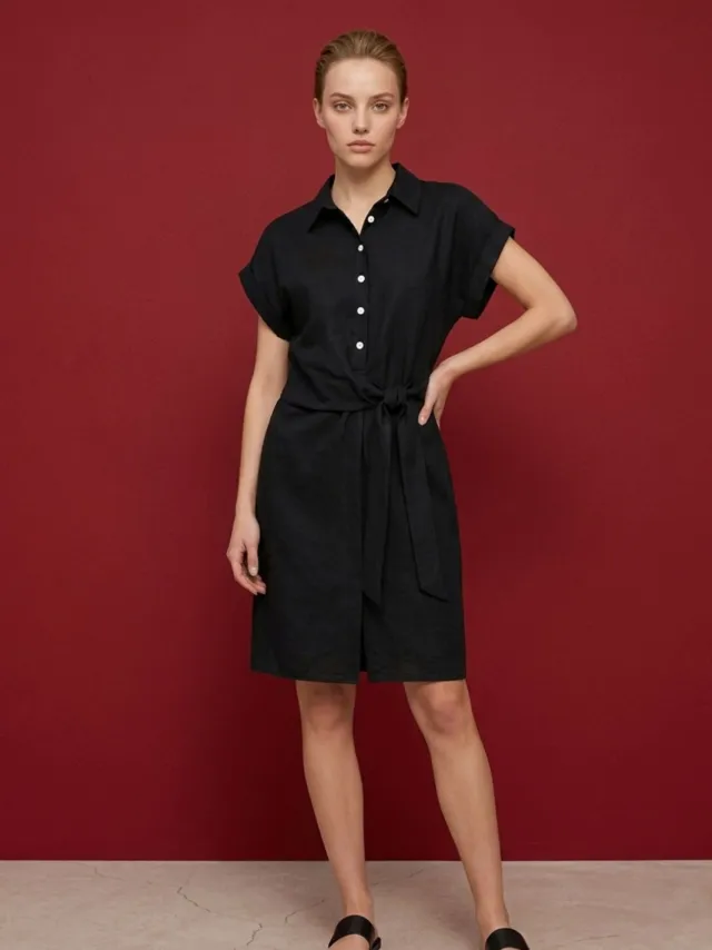 MyFashion Katoenen Poplin Mini Overhemdjurk Zwart