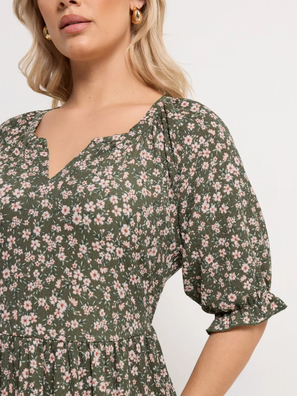Yours Kaki Groene Maxijurk Met Bloemenprint En Inkeping In De Hals-64, foto 5