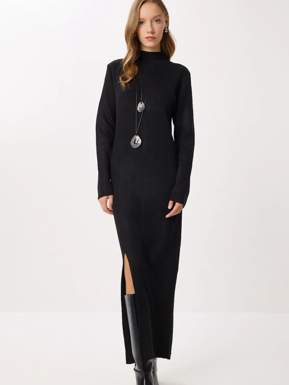 Happiness Istanbul Textured Bodycon Brei Jurk met Split zwart, foto 2