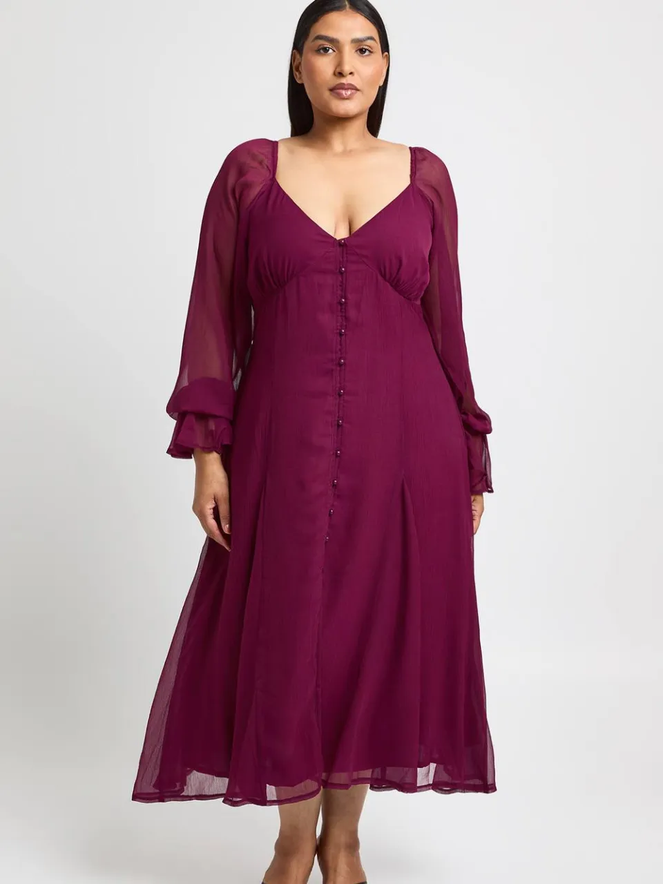 boohoo Dames Plus Midi-jurk Met Gestructureerde Chiffon En Godet Zoom kersen, foto 3