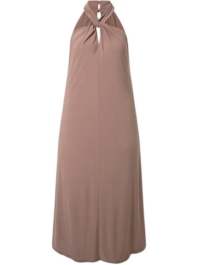Ulla Popken Dames - Maxi-jurk halternek gedrapeerd mouwloos - Lichtbruin - Maat 42+