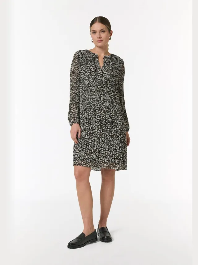 Comma female - Geplooide chiffon jurk met luipaardprint beige