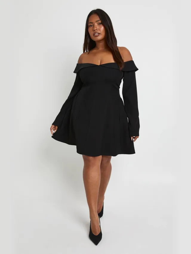 boohoo Dames Plus Langmouw Bardot Gestructureerde Skaterjurk Zwart
