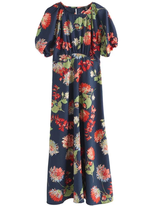 Next Dames - Halflange jurk met pofmouwen - Blauw Navy Blue Floral
