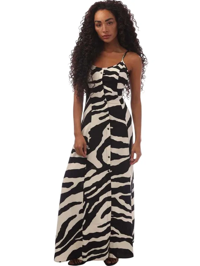 Only Maxijurk voor dames met spaghettibandjes van polyester met zebraprint – Nova Gigi (Zwart, Wit)