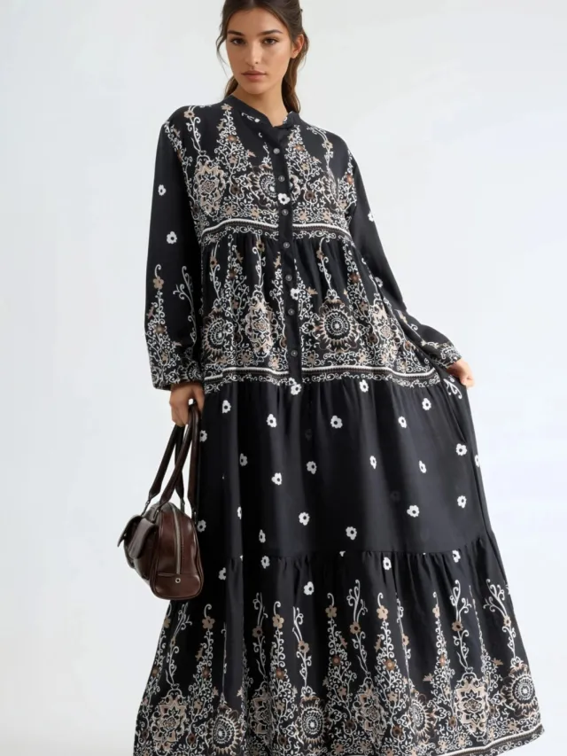 Hiccup Comfort Fit Patroon Maxi Jurk met V-hals Zwart