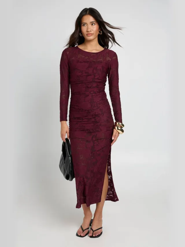 boohoo Dames Burnout Bloemen Lange Mouw Geplooid Body Midaxi Jurk Wijn