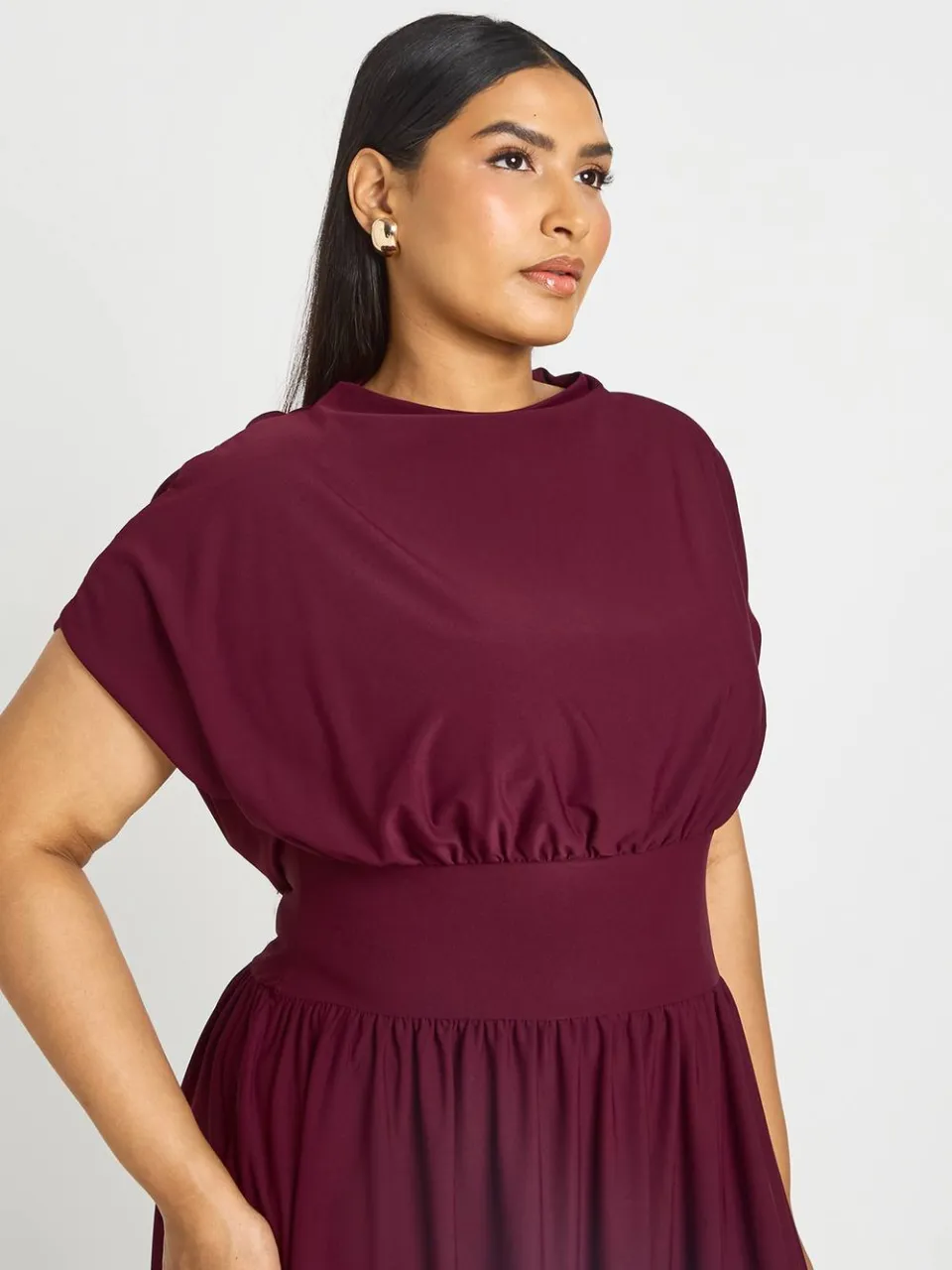 boohoo Dames Plus Midi-jurk Met Waterval-rug En Wijde Rok bordeaux rood, foto 4