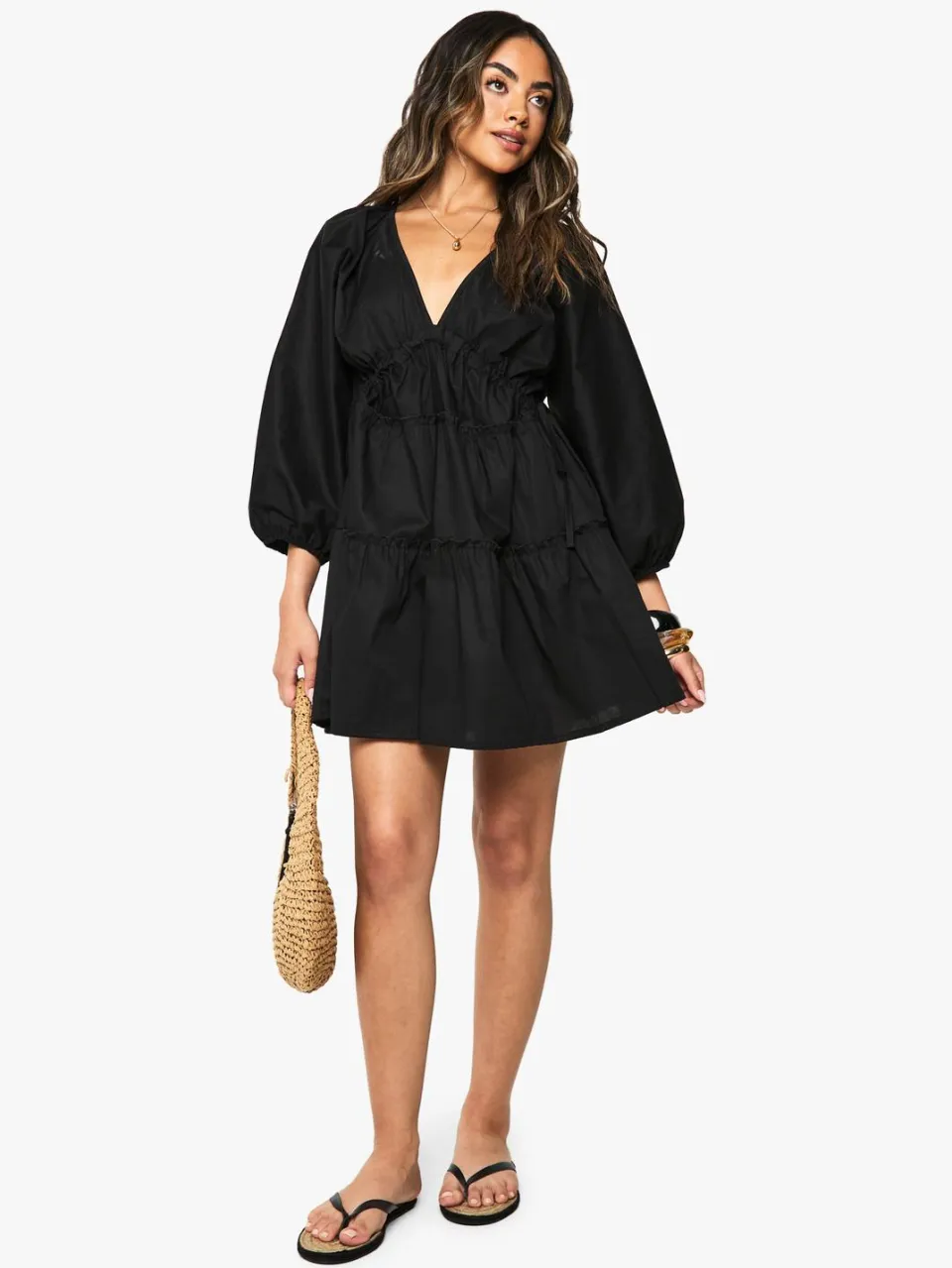 boohoo Dames Katoenen popeline gerafelde ballonmouw smock jurk zwart, foto 3
